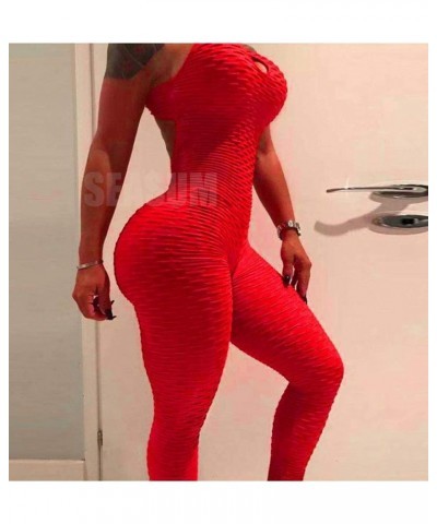 Women Yoga Jumpsuit Backless One Piece Workout Catsuit Bodysuit Sleeveless Textured Gym Bodycon Romper 1 Red $10.59 Jumpsuits