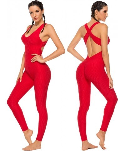 Women Yoga Jumpsuit Backless One Piece Workout Catsuit Bodysuit Sleeveless Textured Gym Bodycon Romper 1 Red $10.59 Jumpsuits