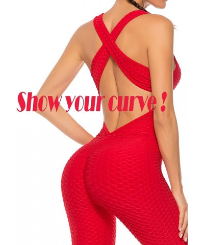 Women Yoga Jumpsuit Backless One Piece Workout Catsuit Bodysuit Sleeveless Textured Gym Bodycon Romper 1 Red $10.59 Jumpsuits