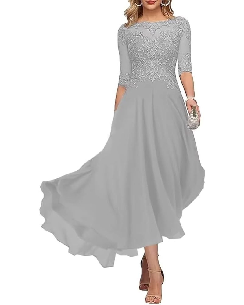 Laces Mother of Bride Dress Tea Length Mother of The Groom Dress with Sleeves Women Beaded Formal Evening Gowns Silver $36.26...