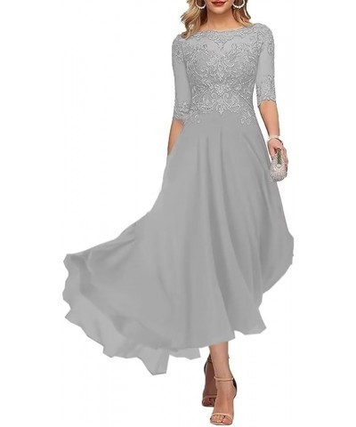 Laces Mother of Bride Dress Tea Length Mother of The Groom Dress with Sleeves Women Beaded Formal Evening Gowns Silver $36.26...