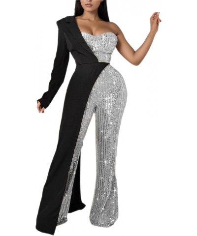 Sparkly Christmas Party Jumpsuit for Women Trendy V Neck Long Sleeve Formal Jumpsuits Sequin Rompers Sexy with Belt Xba-silve...