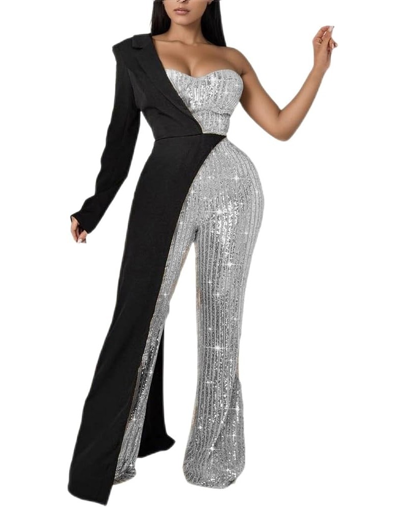 Sparkly Christmas Party Jumpsuit for Women Trendy V Neck Long Sleeve Formal Jumpsuits Sequin Rompers Sexy with Belt Xba-silve...