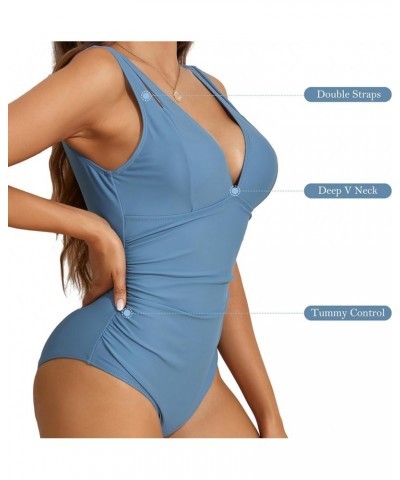 One Piece Swimsuit for Women 2024 V Neck Bathing Suit Ruched Tummy Control Swimsuit Sexy High Cut Bathing Suits Blue $14.99 S...