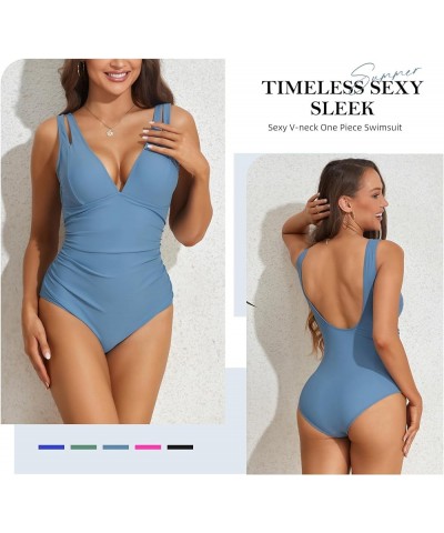 One Piece Swimsuit for Women 2024 V Neck Bathing Suit Ruched Tummy Control Swimsuit Sexy High Cut Bathing Suits Blue $14.99 S...