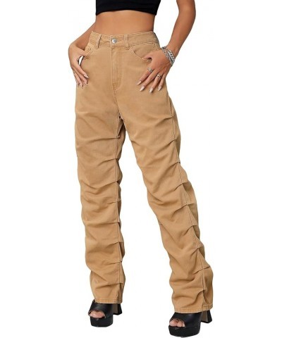 Women's High Waist Ruched Straight Leg Jeans Casual Zipper Loose Long Denim Pants with Pocket Khaki $30.15 Jeans