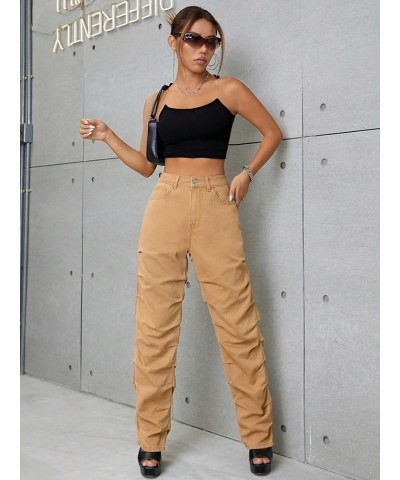 Women's High Waist Ruched Straight Leg Jeans Casual Zipper Loose Long Denim Pants with Pocket Khaki $30.15 Jeans