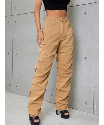 Women's High Waist Ruched Straight Leg Jeans Casual Zipper Loose Long Denim Pants with Pocket Khaki $30.15 Jeans