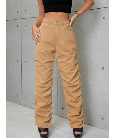 Women's High Waist Ruched Straight Leg Jeans Casual Zipper Loose Long Denim Pants with Pocket Khaki $30.15 Jeans