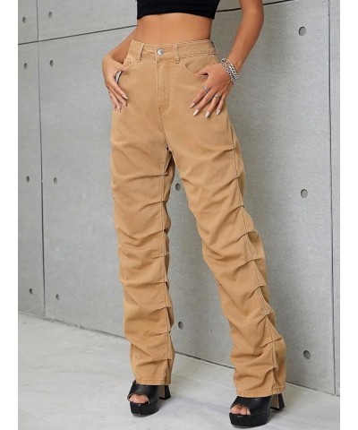 Women's High Waist Ruched Straight Leg Jeans Casual Zipper Loose Long Denim Pants with Pocket Khaki $30.15 Jeans