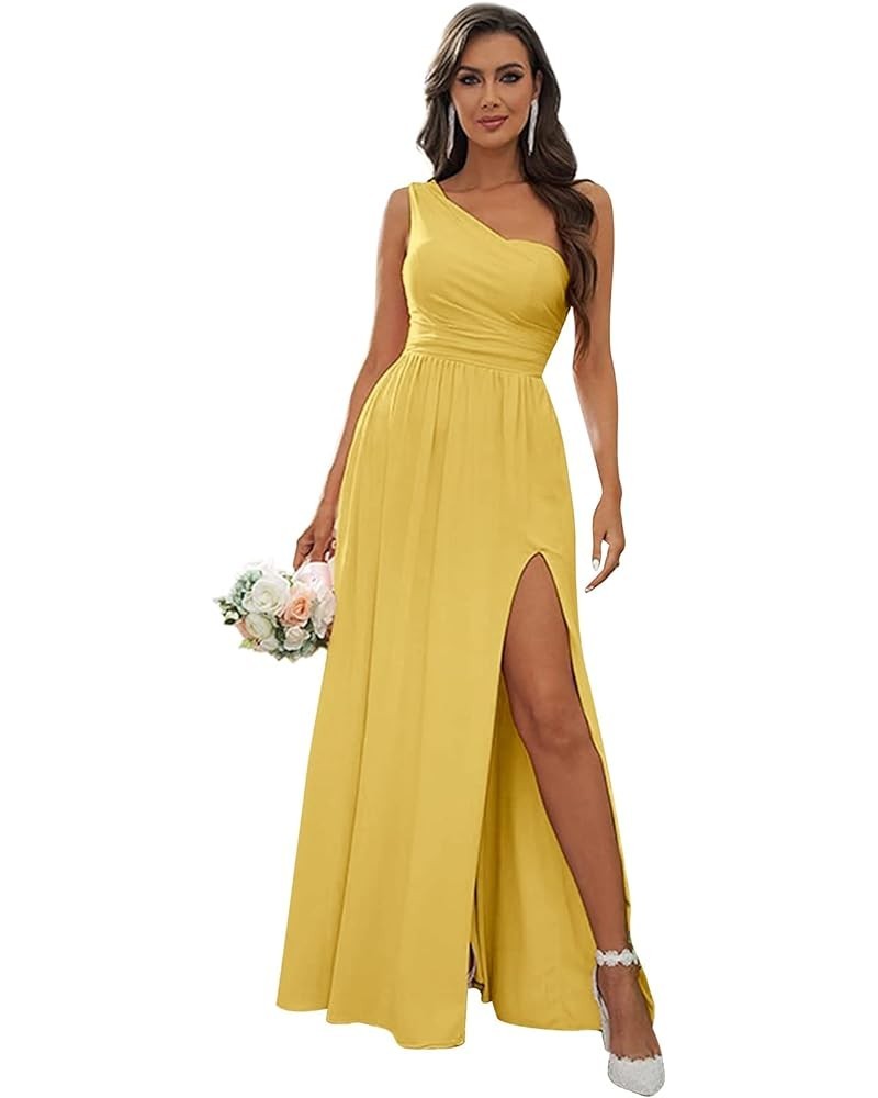 Chiffon One Shoulder Bridesmaid Dresses for Women Long Ruched Evening Dress with Slit Mustard Yellow $32.44 Dresses