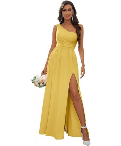 Chiffon One Shoulder Bridesmaid Dresses for Women Long Ruched Evening Dress with Slit Mustard Yellow $32.44 Dresses