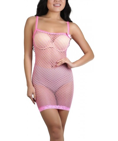 Women’s Stretch See Through Fishnet Novelty Mini Rave Party Dress Diamond Net Spand W/ Bow - Neon Pink $8.64 Dresses