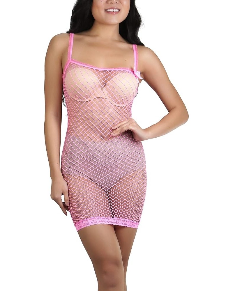 Women’s Stretch See Through Fishnet Novelty Mini Rave Party Dress Diamond Net Spand W/ Bow - Neon Pink $8.64 Dresses