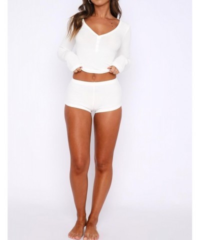 Matching Pajama Sets for Women 2 Piece Shorts Cute Ribbed Knit Sexy Pjs Y2K Long Sleeve Lounge Set Sleepwear(White-S) $13.74 ...