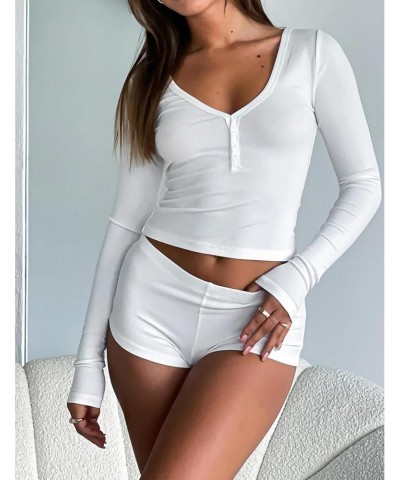Matching Pajama Sets for Women 2 Piece Shorts Cute Ribbed Knit Sexy Pjs Y2K Long Sleeve Lounge Set Sleepwear(White-S) $13.74 ...
