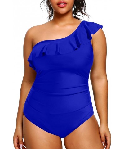 Plus Size Bathing Suits for Women One Piece Swimsuits One Shoulder Ruffle Tummy Control Swimwear Royal Blue $17.50 Swimsuits