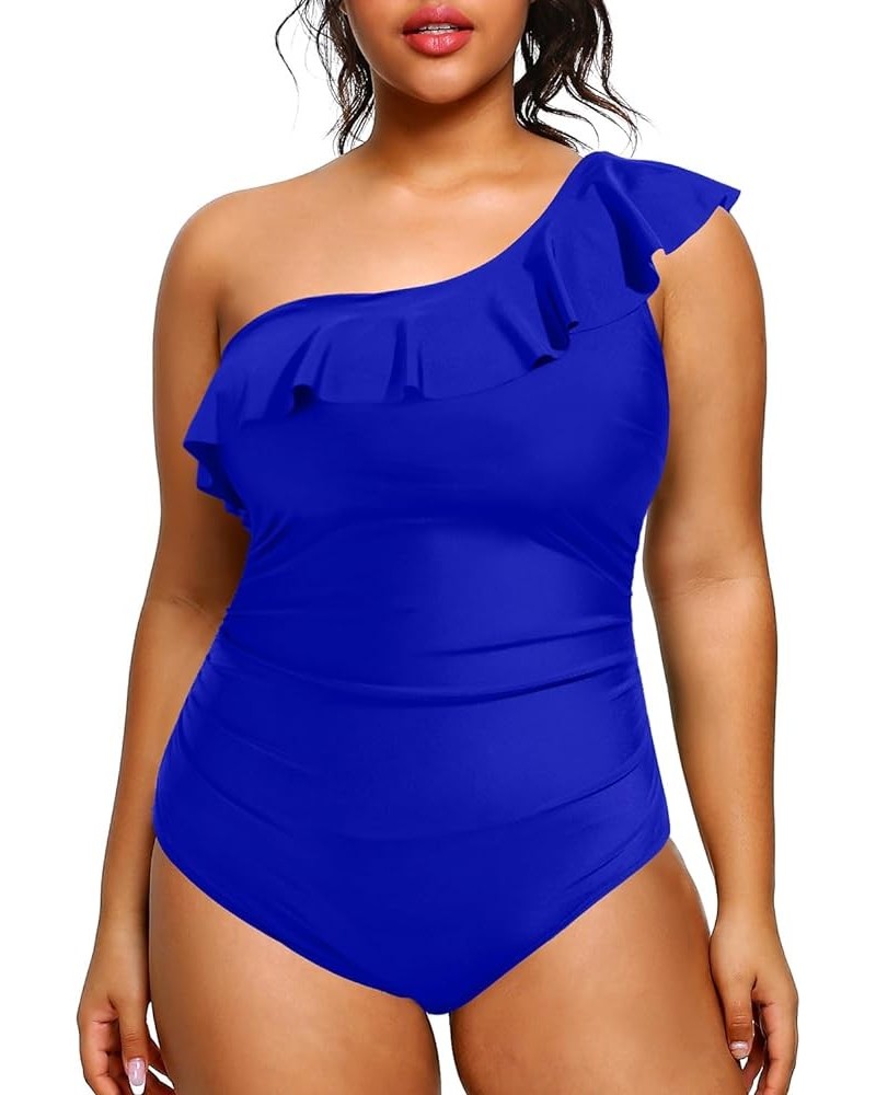 Plus Size Bathing Suits for Women One Piece Swimsuits One Shoulder Ruffle Tummy Control Swimwear Royal Blue $17.50 Swimsuits