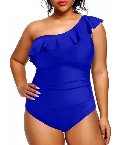 Plus Size Bathing Suits for Women One Piece Swimsuits One Shoulder Ruffle Tummy Control Swimwear Royal Blue $17.50 Swimsuits