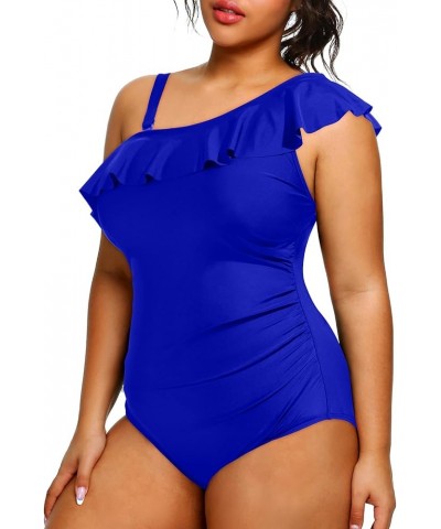 Plus Size Bathing Suits for Women One Piece Swimsuits One Shoulder Ruffle Tummy Control Swimwear Royal Blue $17.50 Swimsuits