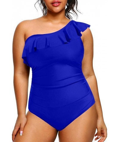 Plus Size Bathing Suits for Women One Piece Swimsuits One Shoulder Ruffle Tummy Control Swimwear Royal Blue $17.50 Swimsuits