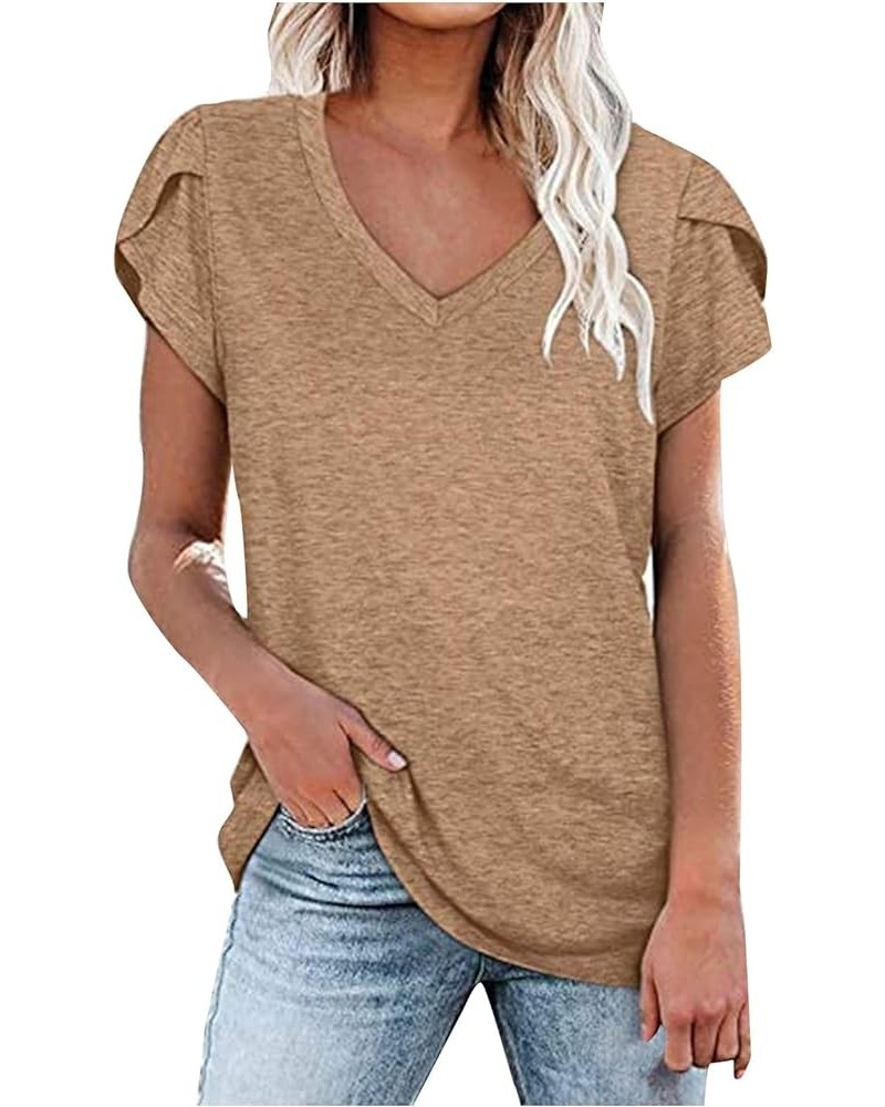 Shirts for Women Elegant V-Neck Petal Short Sleeve Curved Hem Chiffon Blouse Summer Casual Loose Fit Tunic Tops B-camel $11.1...