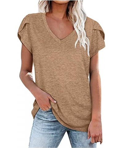 Shirts for Women Elegant V-Neck Petal Short Sleeve Curved Hem Chiffon Blouse Summer Casual Loose Fit Tunic Tops B-camel $11.1...