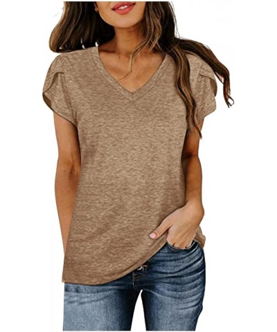 Shirts for Women Elegant V-Neck Petal Short Sleeve Curved Hem Chiffon Blouse Summer Casual Loose Fit Tunic Tops B-camel $11.1...