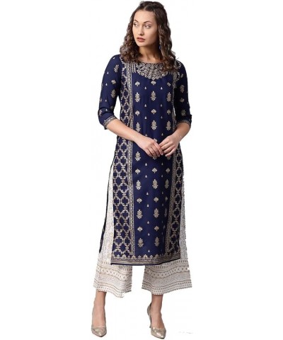 kurti set for women Indian party wear Dress kurta tops with trouser palazzo pants set Navy Blue-2 $30.50 Suits