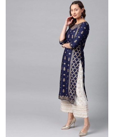 kurti set for women Indian party wear Dress kurta tops with trouser palazzo pants set Navy Blue-2 $30.50 Suits