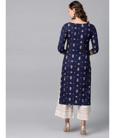 kurti set for women Indian party wear Dress kurta tops with trouser palazzo pants set Navy Blue-2 $30.50 Suits