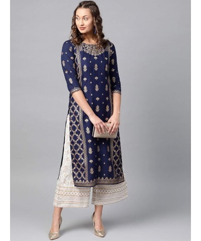 kurti set for women Indian party wear Dress kurta tops with trouser palazzo pants set Navy Blue-2 $30.50 Suits