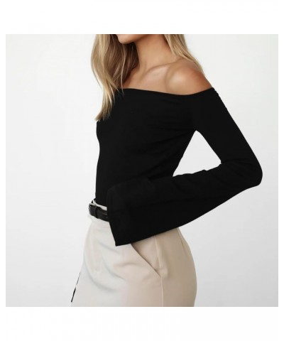 Sexy Women Off Shoulder Long Sleeve Crop Tops Basic Slim T Shirts Top Fitted Crew Neck Pullover Tee Shirts Streetwear Flare S...