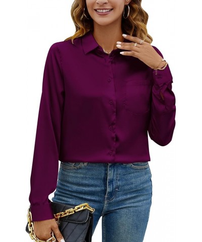 Women Elegant Satin Blouses Shirts, Soft Silk Shirts Top, Satin Button Down Shirts, Office Long Sleeve Blouse Shirt Purple $1...