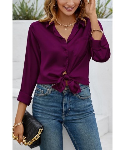 Women Elegant Satin Blouses Shirts, Soft Silk Shirts Top, Satin Button Down Shirts, Office Long Sleeve Blouse Shirt Purple $1...