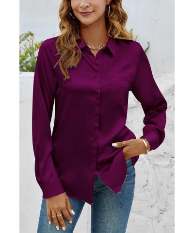 Women Elegant Satin Blouses Shirts, Soft Silk Shirts Top, Satin Button Down Shirts, Office Long Sleeve Blouse Shirt Purple $1...