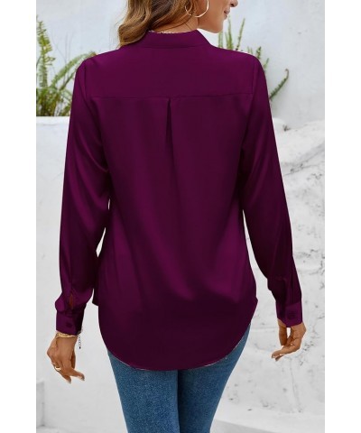 Women Elegant Satin Blouses Shirts, Soft Silk Shirts Top, Satin Button Down Shirts, Office Long Sleeve Blouse Shirt Purple $1...