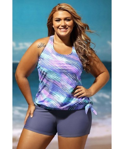 Women's Stripes Print Blouson Tankini Set Two Piece Swimsuit Blue $10.25 Swimsuits