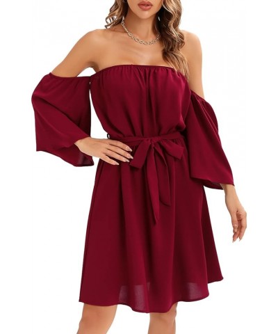 Womens Summer Off Shoulder Chiffon Mini Dress Waist Tie Belted Ruffle Sexy Short Sleeve Tunic Dress Swim Cover Up Wine Red $1...