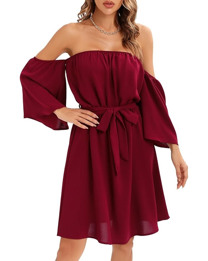 Womens Summer Off Shoulder Chiffon Mini Dress Waist Tie Belted Ruffle Sexy Short Sleeve Tunic Dress Swim Cover Up Wine Red $1...