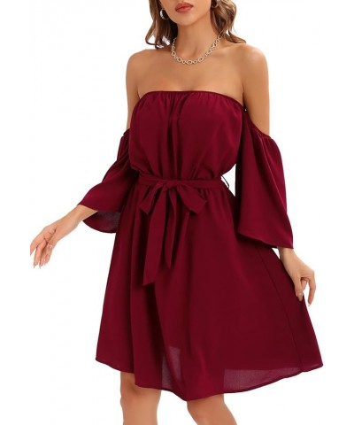 Womens Summer Off Shoulder Chiffon Mini Dress Waist Tie Belted Ruffle Sexy Short Sleeve Tunic Dress Swim Cover Up Wine Red $1...