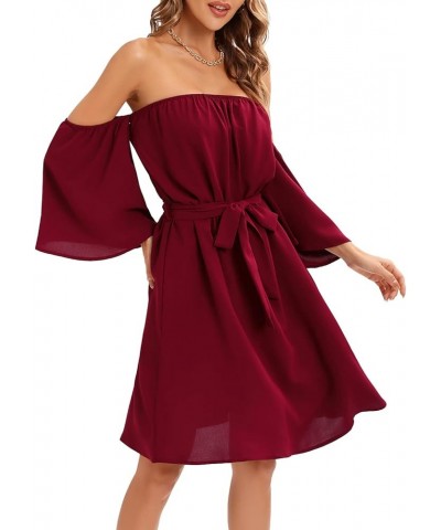 Womens Summer Off Shoulder Chiffon Mini Dress Waist Tie Belted Ruffle Sexy Short Sleeve Tunic Dress Swim Cover Up Wine Red $1...