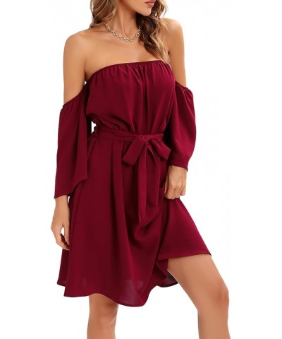 Womens Summer Off Shoulder Chiffon Mini Dress Waist Tie Belted Ruffle Sexy Short Sleeve Tunic Dress Swim Cover Up Wine Red $1...