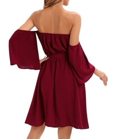 Womens Summer Off Shoulder Chiffon Mini Dress Waist Tie Belted Ruffle Sexy Short Sleeve Tunic Dress Swim Cover Up Wine Red $1...