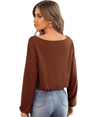 Women's Long Sleeve Tee Shirt V Neck Ribbed Knit Lettuce Trim Crop Top Brown $10.34 T-Shirts
