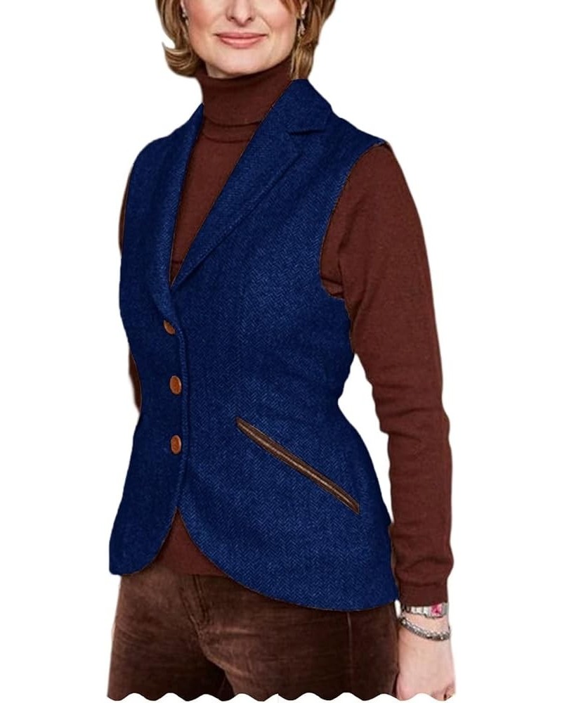 Women's Waistcoat Herringbone Tweed Dressy Suit Vest with Lapel Collar Royal Blue $17.48 Vests