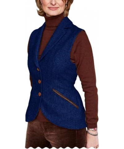 Women's Waistcoat Herringbone Tweed Dressy Suit Vest with Lapel Collar Royal Blue $17.48 Vests