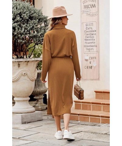 Women's 2024 Winter 2 Piece Tracksuit Long Sleeve Turtleneck Ribbed Top And Midi Skirt Dress Sets Brown $25.48 Others