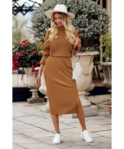 Women's 2024 Winter 2 Piece Tracksuit Long Sleeve Turtleneck Ribbed Top And Midi Skirt Dress Sets Brown $25.48 Others