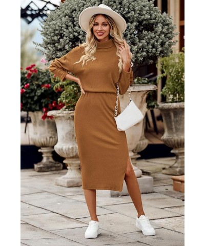 Women's 2024 Winter 2 Piece Tracksuit Long Sleeve Turtleneck Ribbed Top And Midi Skirt Dress Sets Brown $25.48 Others